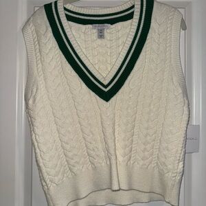 Beyond Yoga Cable Knit V-Neck Sweater Vest - Cream and Green